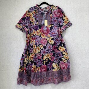 Sundance Dress Womens XL Purple Floral Boho Peasant Tassel Tie Cotton Tiered